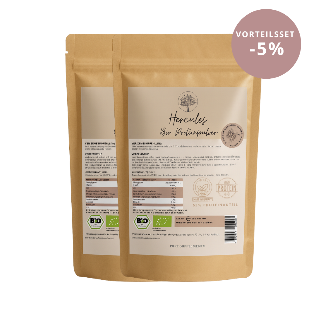Premium Hercules Bio Proteinpulver Mix (Vegan & Bio | 63% Proteinanteil | 4 hochwertige-Proteinquellen | + Kakao, Vanille, Lucuma, Zimt, Maca, Spirulina & Dattelpulver | Clean, cremig & lecker)