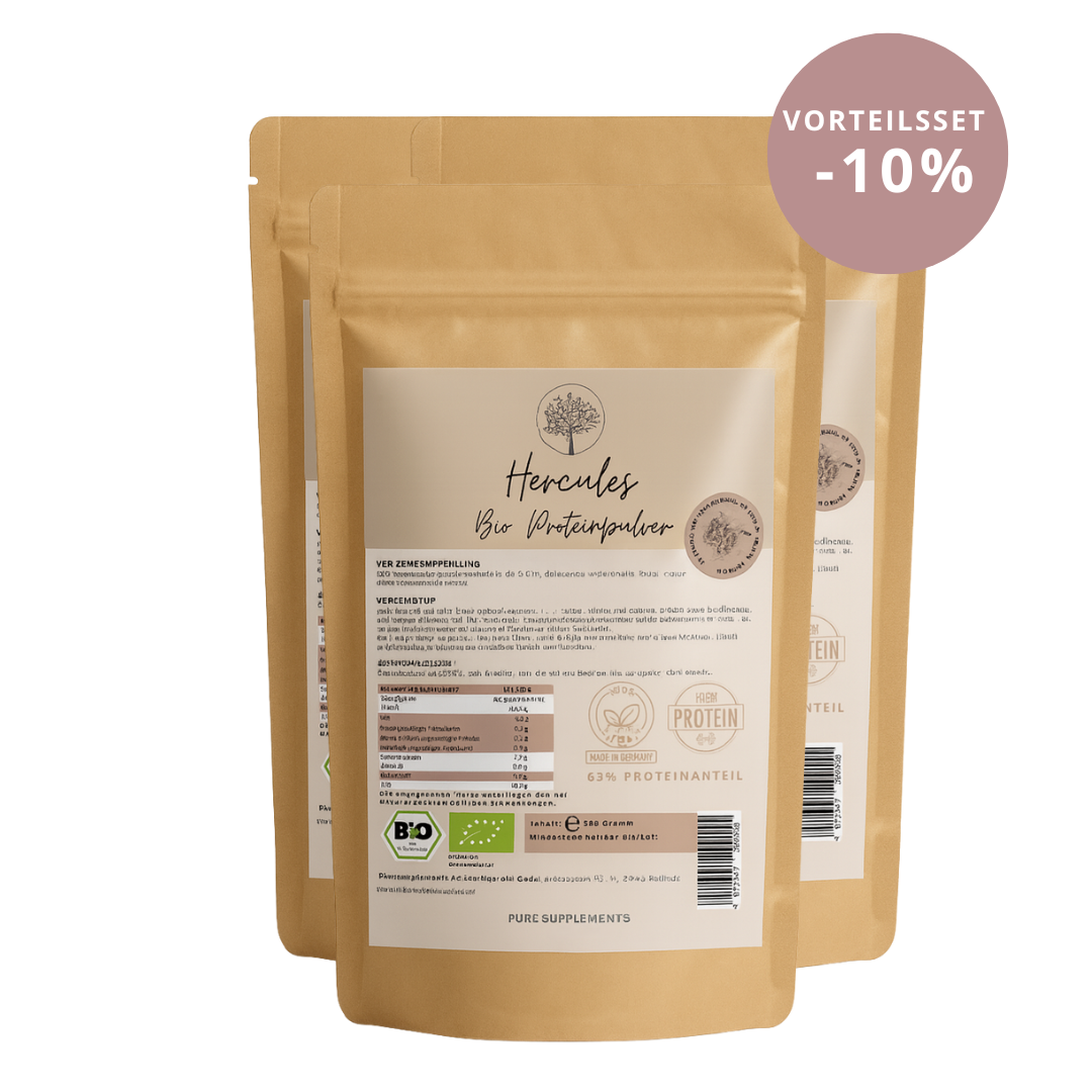 Premium Hercules Bio Proteinpulver Mix (Vegan & Bio | 63% Proteinanteil | 4 hochwertige-Proteinquellen | + Kakao, Vanille, Lucuma, Zimt, Maca, Spirulina & Dattelpulver | Clean, cremig & lecker)