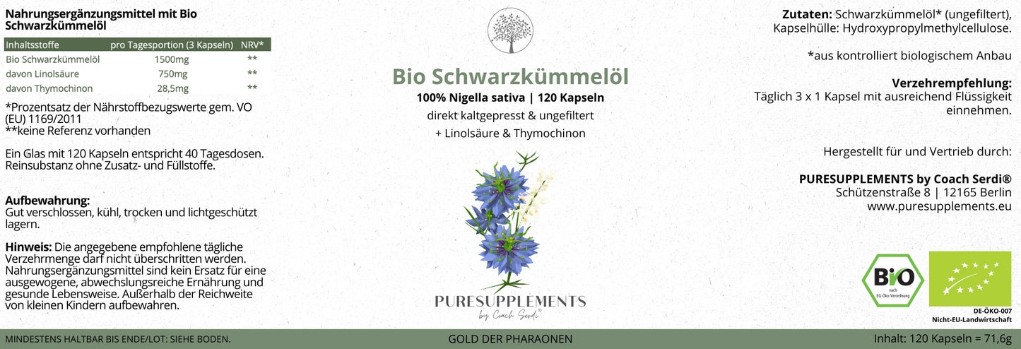 Premium Bio Schwarzkümmelöl in KAPSELN aus Spitzenanbau Ägypten (Extra Stark, Vegan, ungefiltert, Spitzenqualität + hoher Gehalt an Linolsäure & Thymochinon)