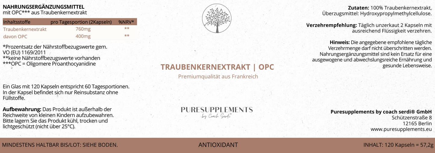 Premium Nativ-OPC 400mg ExGrape SEED® Traubenkernextrakt aus Spitzenanbau Frankreich (Rebsorten Pinot und Chardonnay, hochreine Wasserextraktion, Sulfit-frei, echtes OPC)