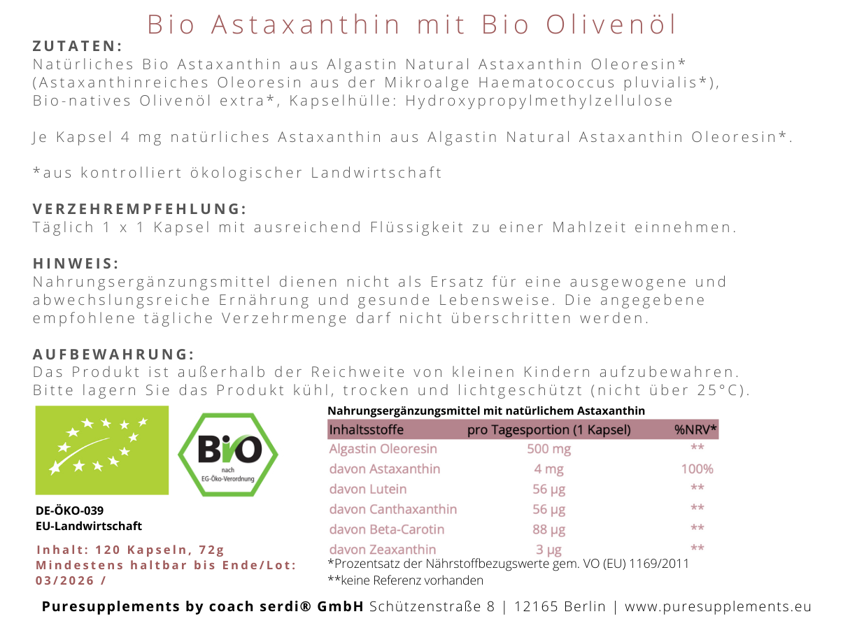 Premium Bio Astaxanthin 4mg mit Bio Olivenöl aus Spitzenanbau Europa (Vollspektrum Komplex, vegan, Kaltpressung nativ, +Zeaxanthin & Beta-Carotin, 120 Kapseln)