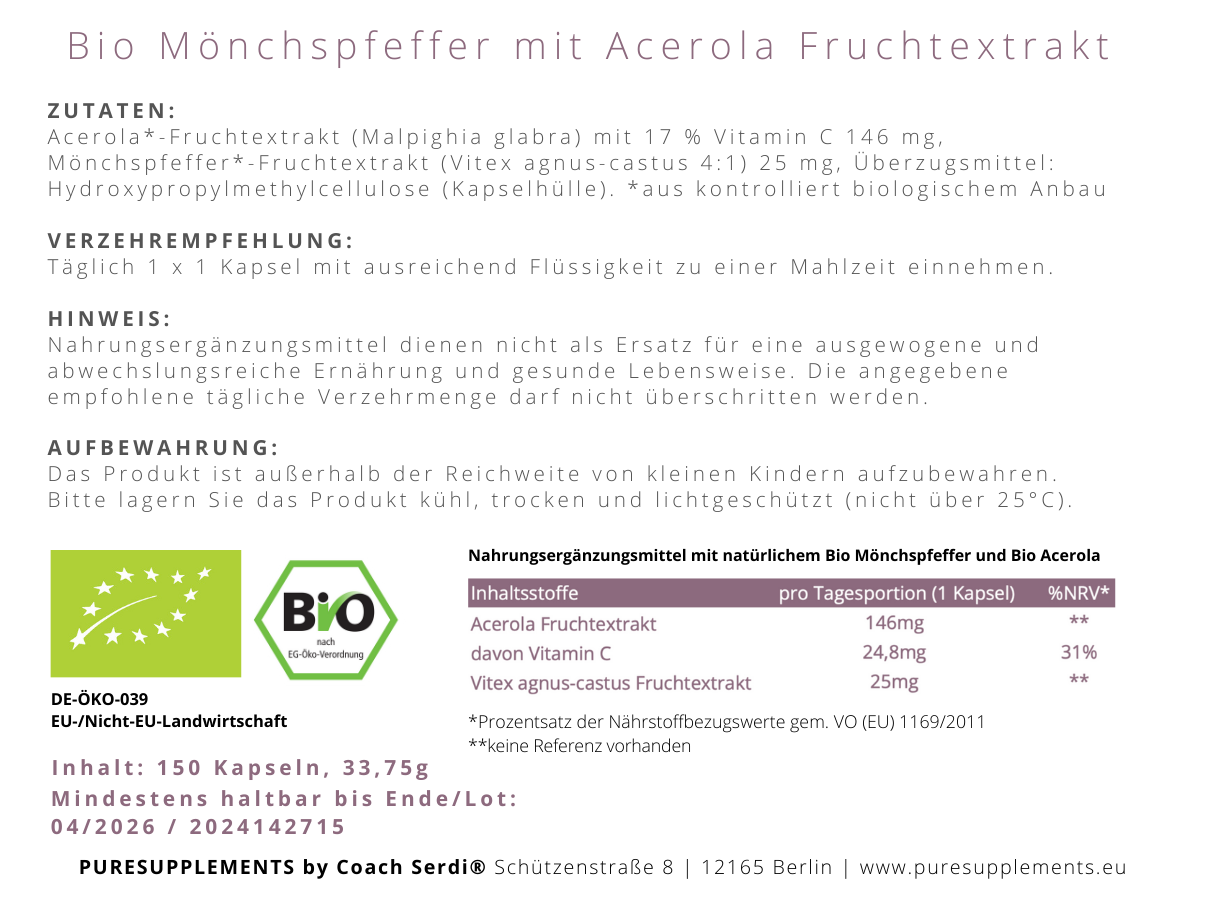 Premium Bio Mönchspfeffer Spezial Fruchtextrakt mit Bio Acerola-Fruchtextrakt 17% (4:1 Spezial Extrakt, Yin & Yang Balance, Wasserextraktion)