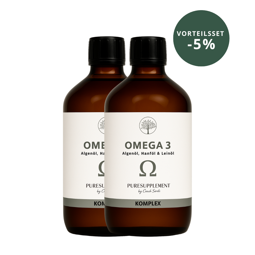 Premium Omega 3 KOMPLEX (Algenöl mit Bio Hanföl & Bio Leinöl, EPA+DHA 3:2 + ALA, vegan, 300ML, mild-nussig)