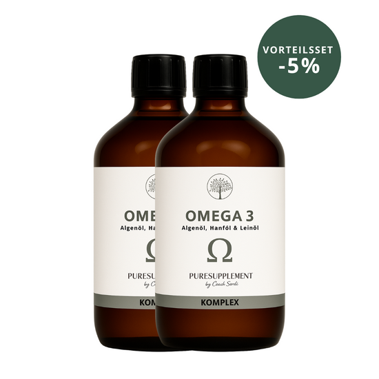 Premium Omega 3 KOMPLEX (Algenöl mit Bio Hanföl & Bio Leinöl, EPA+DHA 3:2 + ALA, vegan, 300ML, mild-nussig)
