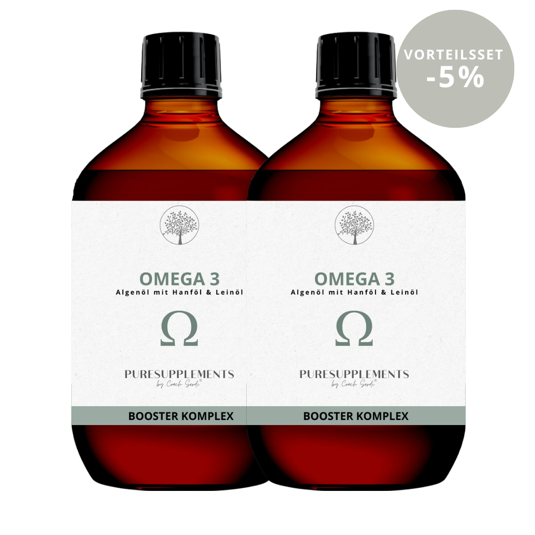 Premium Omega 3 KOMPLEX (Algenöl mit Bio Hanföl & Bio Leinöl, EPA+DHA 3:2 + ALA, vegan, 300ML, mild-nussig)