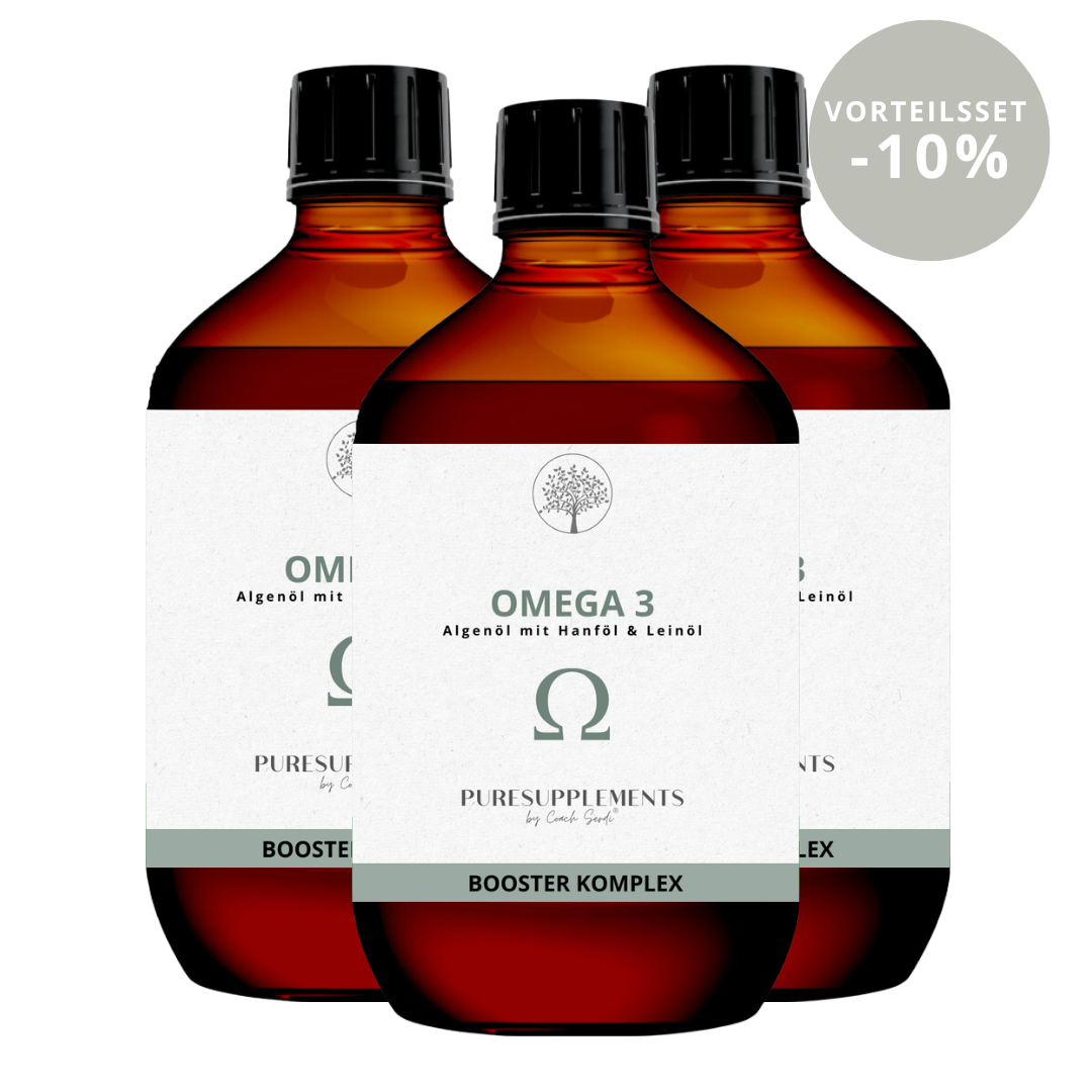 Premium Omega 3 KOMPLEX (Algenöl mit Bio Hanföl & Bio Leinöl, EPA+DHA 3:2 + ALA, vegan, 300ML, mild-nussig)