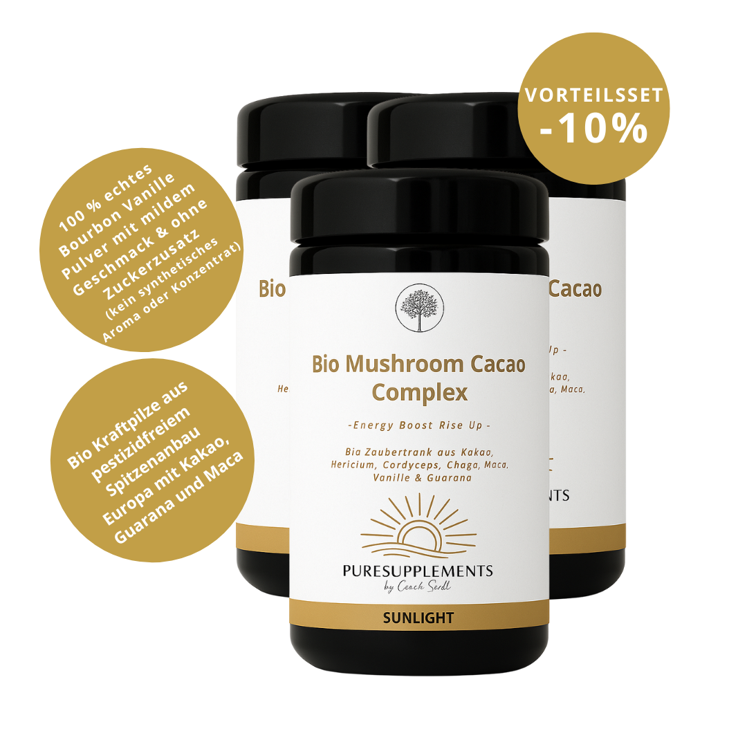 3 x Bio Mushroom Kakao Komplex -Sunlight- (Synergetikum Energy Boost, Bio Premium Rohkostqualität, Kraftpilze Hericium, Chaga & Cordyceps  EU-Anbau, Kakao Pulver,  Maca Pulver & Guarana Pulver mit echtem Vanille Pulver, 100g, Mironglas)