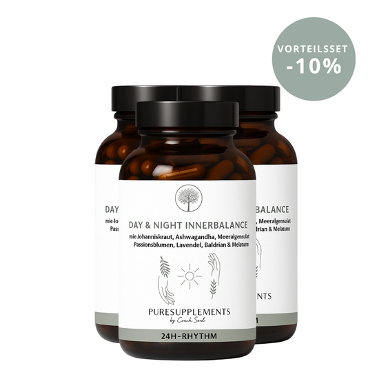 Day & Night Innerbalance Schlaf-Wach-Komplex (100% Pflanzenkomplex aus Johanniskraut,  Baldrian, Ashwagandha, Lavendel, Passionsblume, Bio Magnesium & Melatonin , Wach & Schlaf Rythmus)