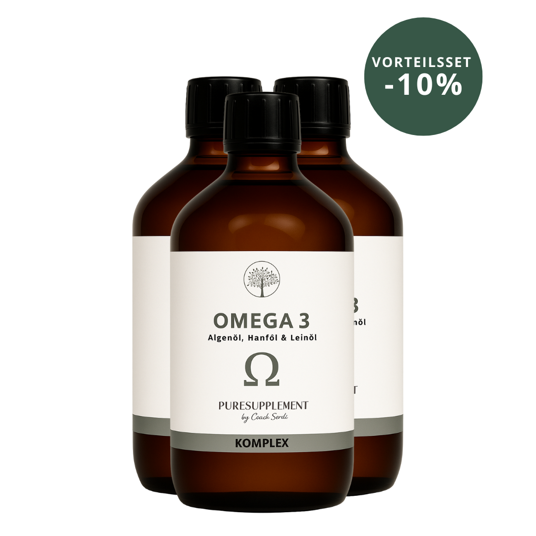 Premium Omega 3 KOMPLEX (Algenöl mit Bio Hanföl & Bio Leinöl, EPA+DHA 3:2 + ALA, vegan, 300ML, mild-nussig)