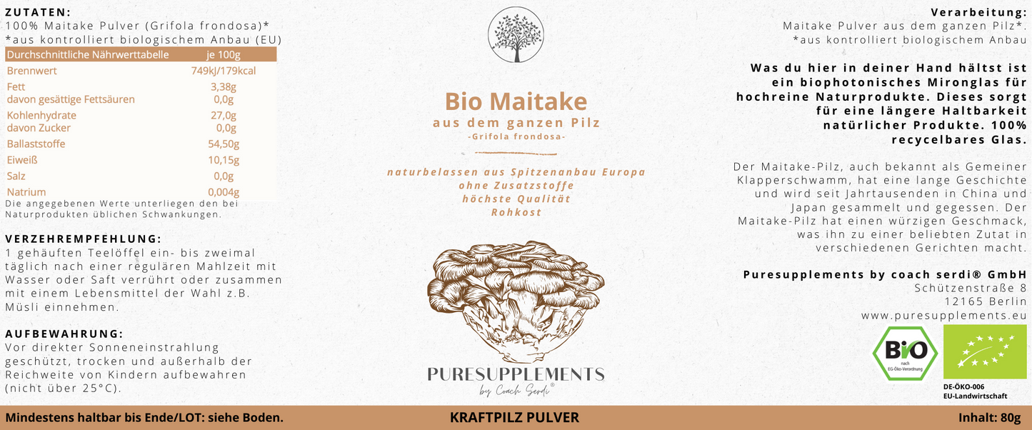 Bio Maitake Pilz aus Spitzenanbau Europa (Synergetikum Vitalstoffkomplex, Premium Rohkostqualität, hochwertiger Vollspektrum Kraftpilz aus pestizidfreiem EU-Anbau, Pulver, 80g, Mironglas)