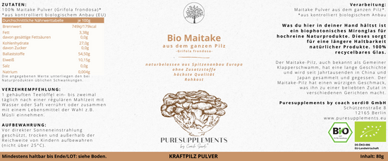 Bio Maitake Pilz aus Spitzenanbau Europa (Synergetikum Vitalstoffkomplex, Premium Rohkostqualität, hochwertiger Vollspektrum Kraftpilz aus pestizidfreiem EU-Anbau, Pulver, 80g, Mironglas)