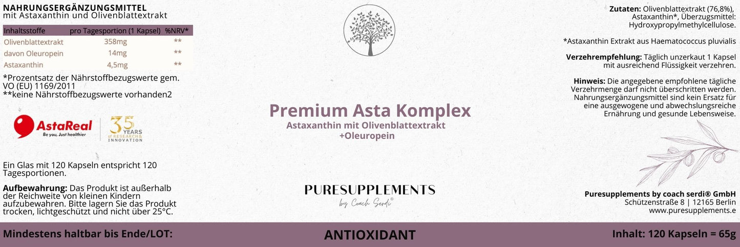 Spezial Asta Komplex: Astaxanthin AstaReal® mit Olivenblattextrakt aus Spitzenanbau Europa (+Reich an Oleuropein & echten EU-Astaxanthin, hohe Reinheit, vegan, 120 Kapseln)