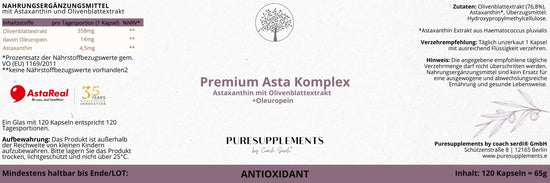 Spezial Asta Komplex: Astaxanthin AstaReal® mit Olivenblattextrakt aus Spitzenanbau Europa (+Reich an Oleuropein & echten EU-Astaxanthin, hohe Reinheit, vegan, 120 Kapseln)