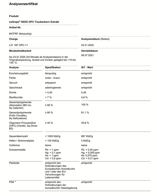 Premium Nativ-OPC 400mg ExGrape SEED® Traubenkernextrakt aus Spitzenanbau Frankreich (Rebsorten Pinot und Chardonnay, hochreine Wasserextraktion, Sulfit-frei, echtes OPC)