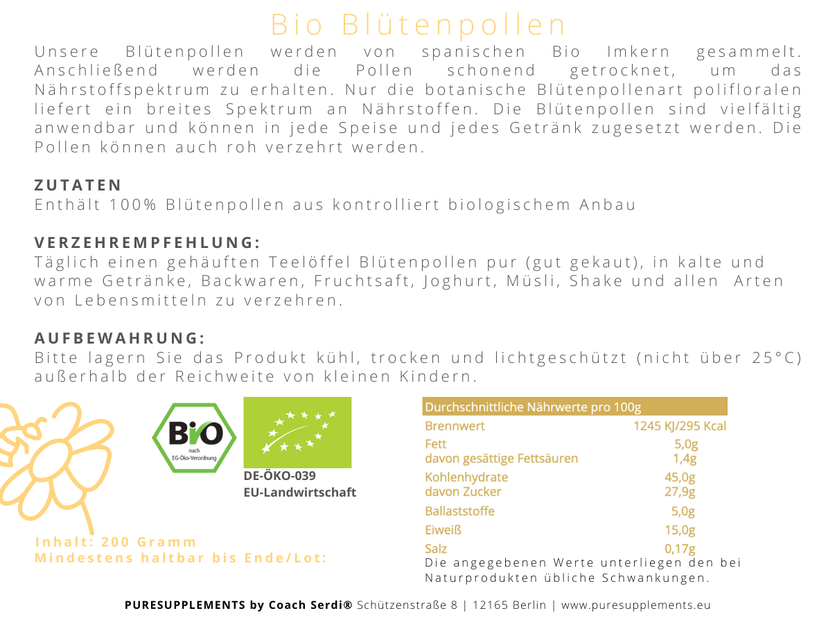 Bio Blütenpollen Rohkost aus Spitzenanbau Spanien (Bio Imkerei, Zuckeralternative, Vegan, 200g)