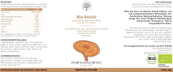 Bio Reishi Pilz aus Spitzenanbau Europa (Synergetikum Vitalstoffkomplex, Premium Rohkostqualität, hochwertiger Vollspektrum Kraftpilz aus pestizidfreiem EU-Anbau, Pulver, 80g, Mironglas)