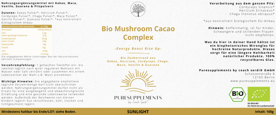 Bio Mushroom Kakao Komplex -Sunlight- (Synergetikum Energy Boost, Bio Premium Rohkostqualität, Kraftpilze Hericium, Chaga & Cordyceps  EU-Anbau, Kakao Pulver,  Maca Pulver & Guarana Pulver mit echtem Vanille Pulver, 100g, Mironglas)