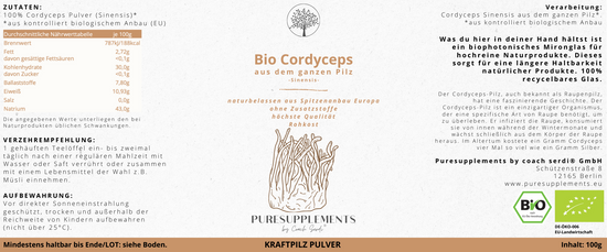 Bio Cordyceps Pilz aus Spitzenanbau Europa (Synergetikum Vitalstoffkomplex, Premium Rohkostqualität, hochwertiger Vollspektrum Kraftpilz aus pestizidfreiem EU-Anbau, Pulver, 100g, Mironglas)