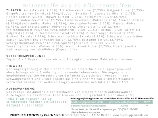 Bitterstoff Matrix Komplex aus 30 naturbelassenen Pflanzenstoffen (Bitterstoff Extrakt, ohne Alkohol, Vegan, GMO-FREE)