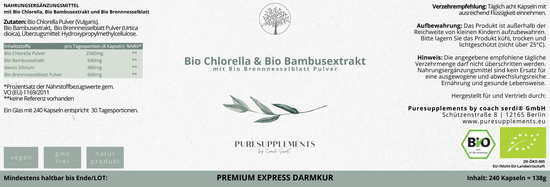 (2024/Dez). Express Darmkur Komplex: Bio Chlorella & 75% Silicium aus Bio Bambusextrakt + Bio Brennnesselblatt Pulver (XL Pack, 240 Kapseln)