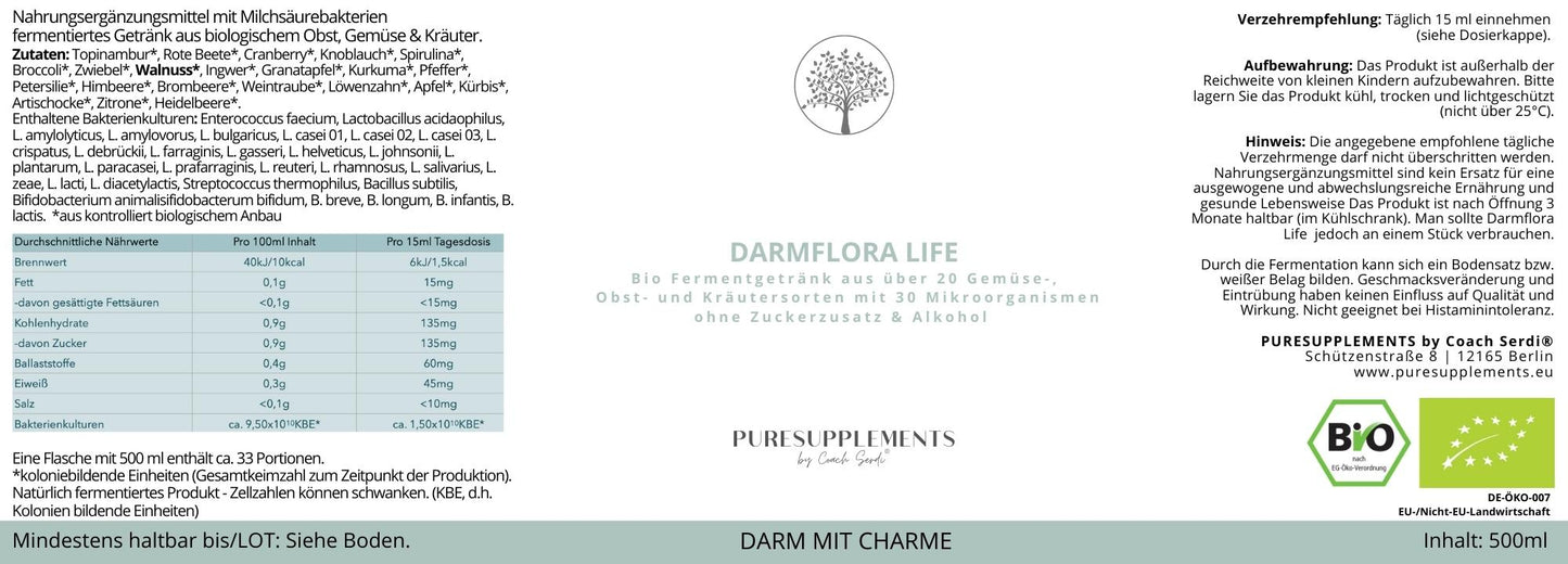 Premium Bio DARMFLORA LIFE Symbiotika Enzym-Fermentgetränk mit 30 Bakterienkulturen Komplex (500ml, ohne Zuckerzusatz, Darm mit Charme)