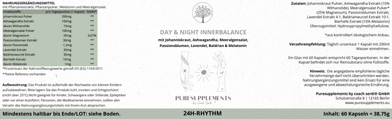 Day & Night Innerbalance Schlaf-Wach-Komplex (100% Pflanzenkomplex aus Johanniskraut,  Baldrian, Ashwagandha, Lavendel, Passionsblume, Bio Magnesium & Melatonin , Wach & Schlaf Rythmus)