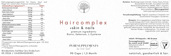 Premium Unisex Haarkomplex + Haut & Nägel (Amino L-Methionin & L-Cystein, Selen, Guavenblattextrakt Zink, Curryblattextrakt Eisen, Kupfer, Bambussprossen Silizium, MSM, Bio Camu Camu Vitamin C, Buchweizen Biotin, 90 Kapseln für Haar)