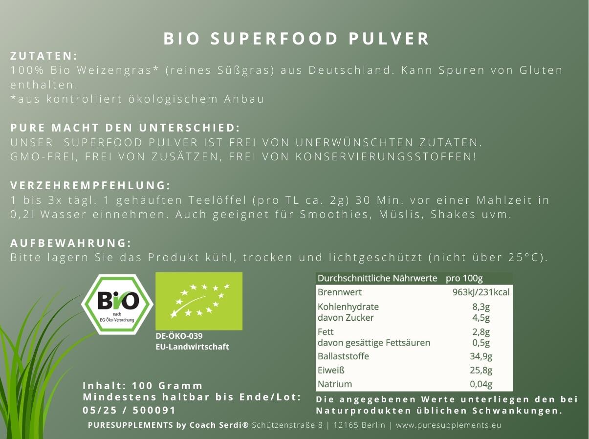 Premium Bio Weizengras Pulver aus Spitzenanbau Deutschland 100g