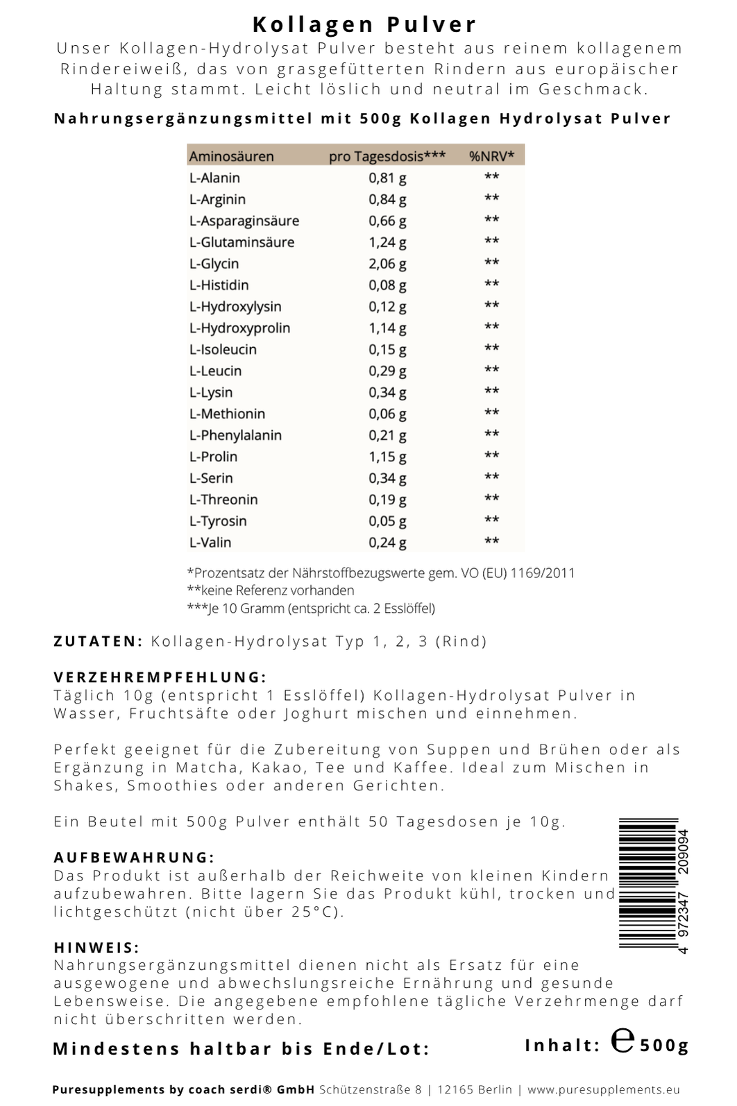 Kollagen-Hydrolysat Pulver aus Europa (mit 18 Aminosäuren + Kollagen Typ 1, 2, 3,  bioaktive Peptide, grasgefüttert, Weiderind, 500g)