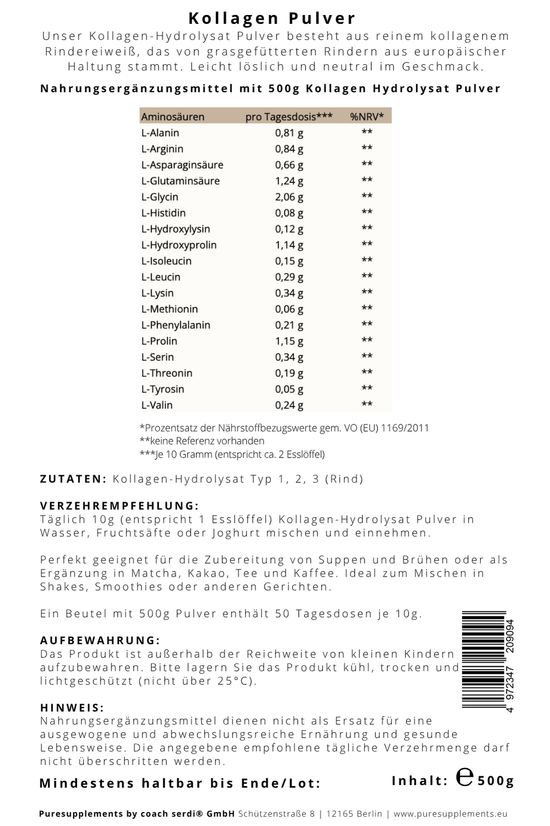 Kollagen-Hydrolysat Pulver aus Europa (mit 18 Aminosäuren + Kollagen Typ 1, 2, 3,  bioaktive Peptide, grasgefüttert, Weiderind, 500g)