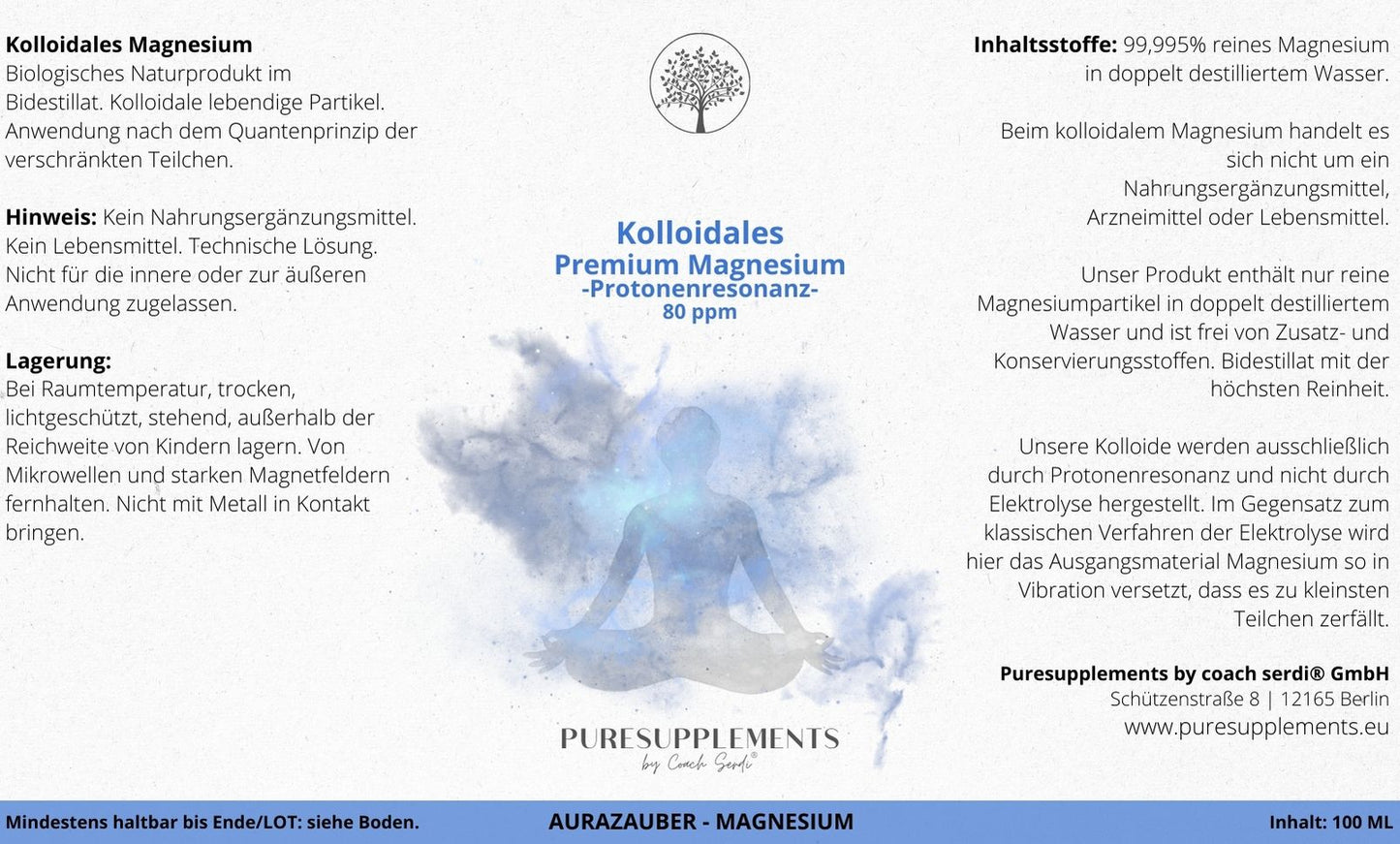 Kolloidales Ionic Magnesium 80 ppm - Protonenresonanz  (100ml, Bidestillat, Mironglas, +Sprühkopf)