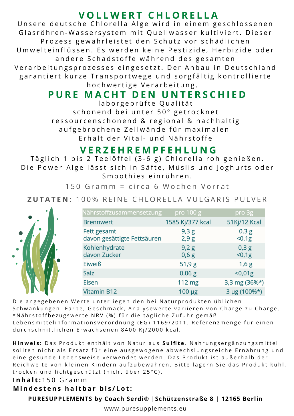 Premium deutsche Chlorella Pulver 100% Rohkost (Regional, biologisch hohe Reinheit, 150g)