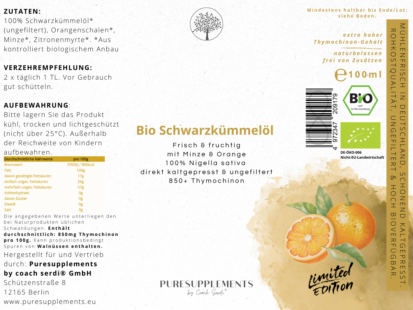 Premium Bio Schwarzkümmelöl mit Bio Minze & Orange aus Spitzenanbau Ägypten (Mildes Aroma. frisch & Fruchtig, ungefiltert & direkt kaltgepresst, Spitzenqualität + extra hoher Thymochinon-Gehalt 850+, Limited Edition, 100ML)