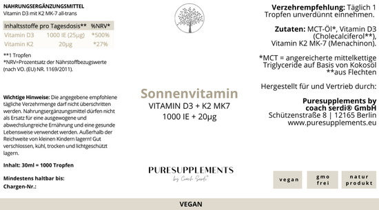 Premium Vitamin D3K2 VEGAN All Trans MK7 Tropfen - 30ML hoch bioverfügbar  mit 1000 Tropfen (Europa, Basic, aus Baumflechten, D3 1.000IE + K2 20ug)