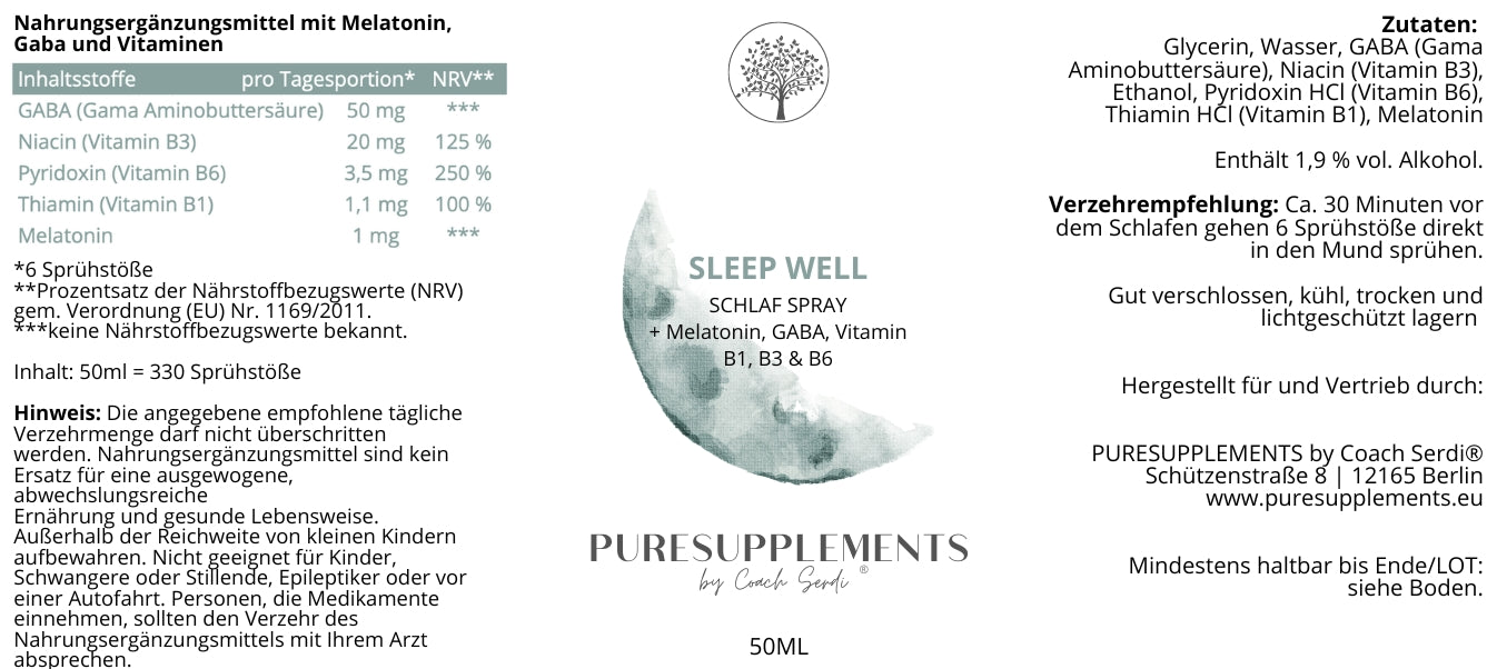 Sleep Well Komplex aus Melatonin & Gaba mit Vitamin B1, B3 & B6 (Schlafspray Komplex, 50ML)