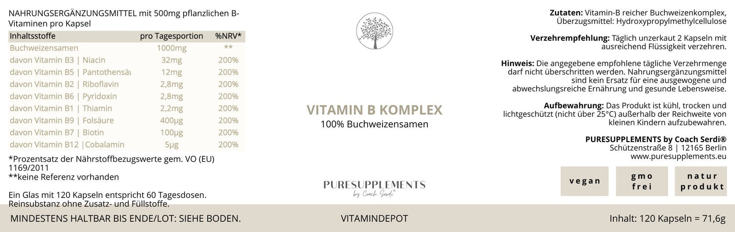 Premium Vitamin B Komplex aus Bio Buchweizen Keimlingen (B1,B2,B3,B5,B6,B7,B9,B12, B, Folsäure)