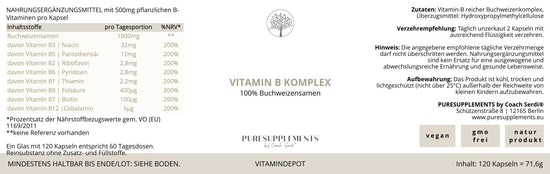 Premium Vitamin B Komplex aus Bio Buchweizen Keimlingen (B1,B2,B3,B5,B6,B7,B9,B12, B, Folsäure)