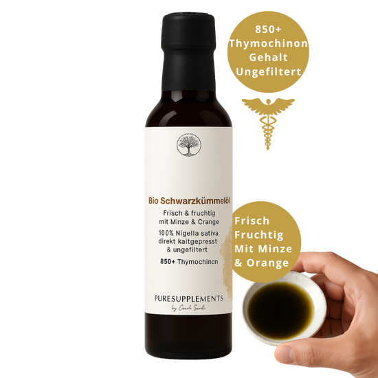 Premium Bio Schwarzkümmelöl mit Bio Minze & Orange aus Spitzenanbau Ägypten (Mildes Aroma. frisch & Fruchtig, ungefiltert & direkt kaltgepresst, Spitzenqualität + extra hoher Thymochinon-Gehalt 850+, Limited Edition, BlackGlas 100ML)