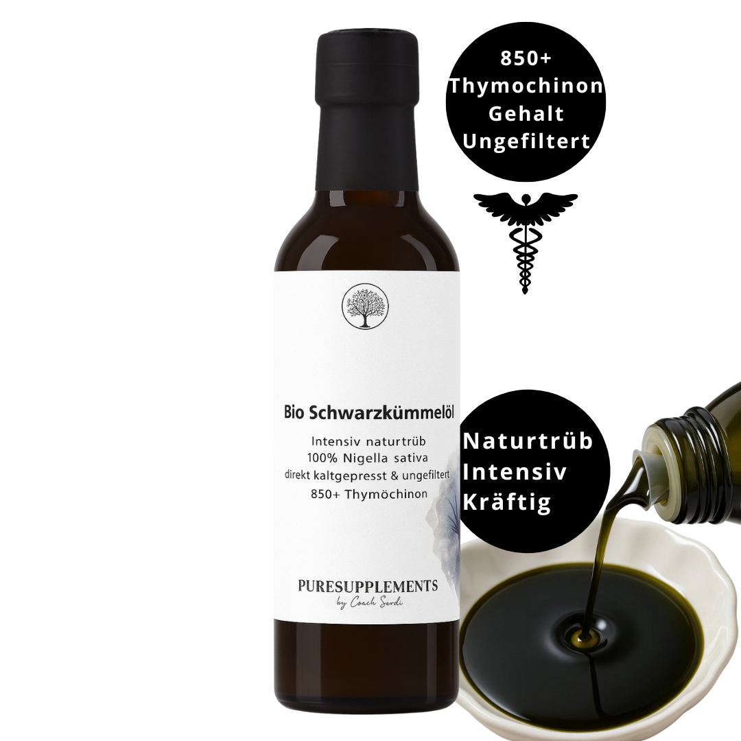 Premium Bio Schwarzkümmelöl naturtrüb aus Spitzenanbau Ägypten (Intensives Aroma, ungefiltert & direkt kaltgepresst, Spitzenqualität + extra hoher Thymochinon-Gehalt 850+, Special Edition, BlackGlas 100ML)