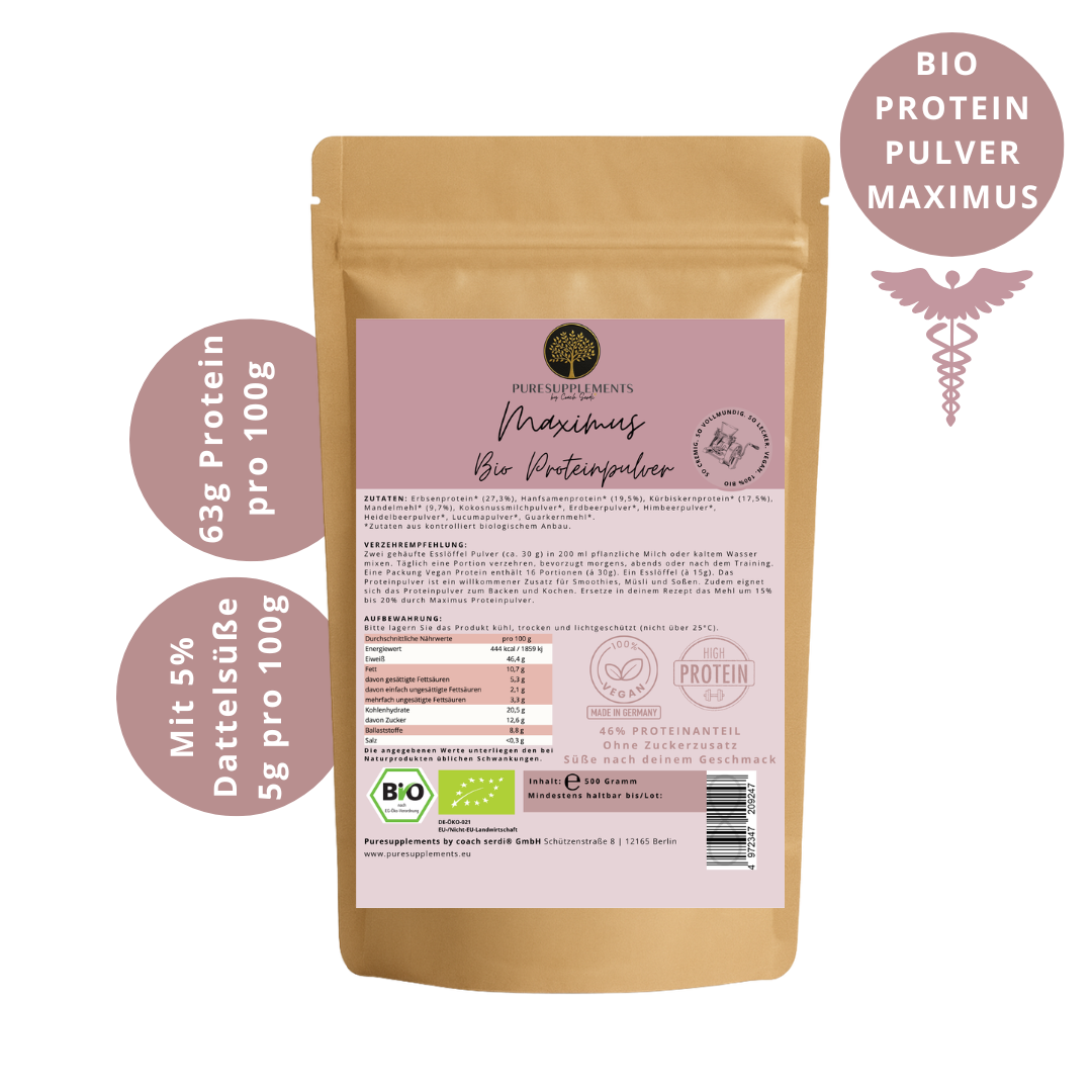 Premium Maximus Bio Proteinpulver Mix mit Erdbeere, Heidelbeere & Himbeere (Beerenstark, ungesüßt, Bio, 46% Proteinanteil, Vegan, 4-Komponenten-Proteinpower, cremig&lecker)