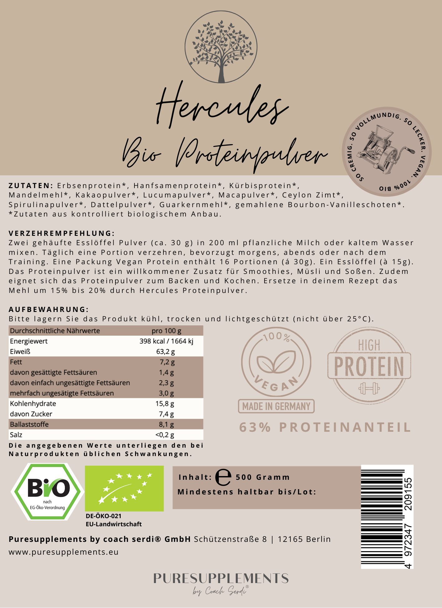 Premium Hercules Bio Proteinpulver Mix (Vegan & Bio | 63% Proteinanteil | 4 hochwertige-Proteinquellen | + Kakao, Vanille, Lucuma, Zimt, Maca, Spirulina & Dattelpulver | Clean, cremig & lecker)