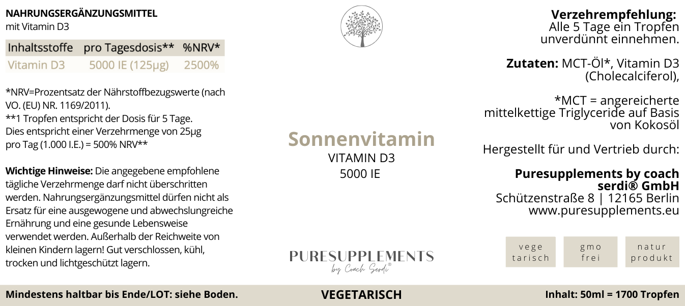 Premium Vitamin D3 VEGETARISCH Tropfen  - 50ML hoch bioverfügbar mit 1700 Tropfen (Europa, Extra Stark, D3 5000IE)