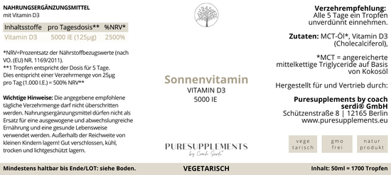 Premium Vitamin D3 VEGETARISCH Tropfen  - 50ML hoch bioverfügbar mit 1700 Tropfen (Europa, Extra Stark, D3 5000IE)