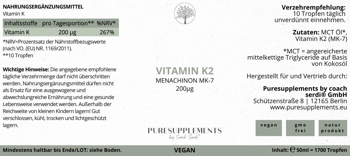 Premium Vitamin K2 VEGAN All Trans MK7 Tropfen - 50ML hoch bioverfügbar mit 1700 Tropfen (Europa, Extra Stark, aus natürlichem Natto, K2 200ug)