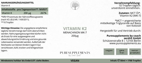 Premium Vitamin K2 VEGAN All Trans MK7 Tropfen - 50ML hoch bioverfügbar mit 1700 Tropfen (Europa, Extra Stark, aus natürlichem Natto, K2 200ug)