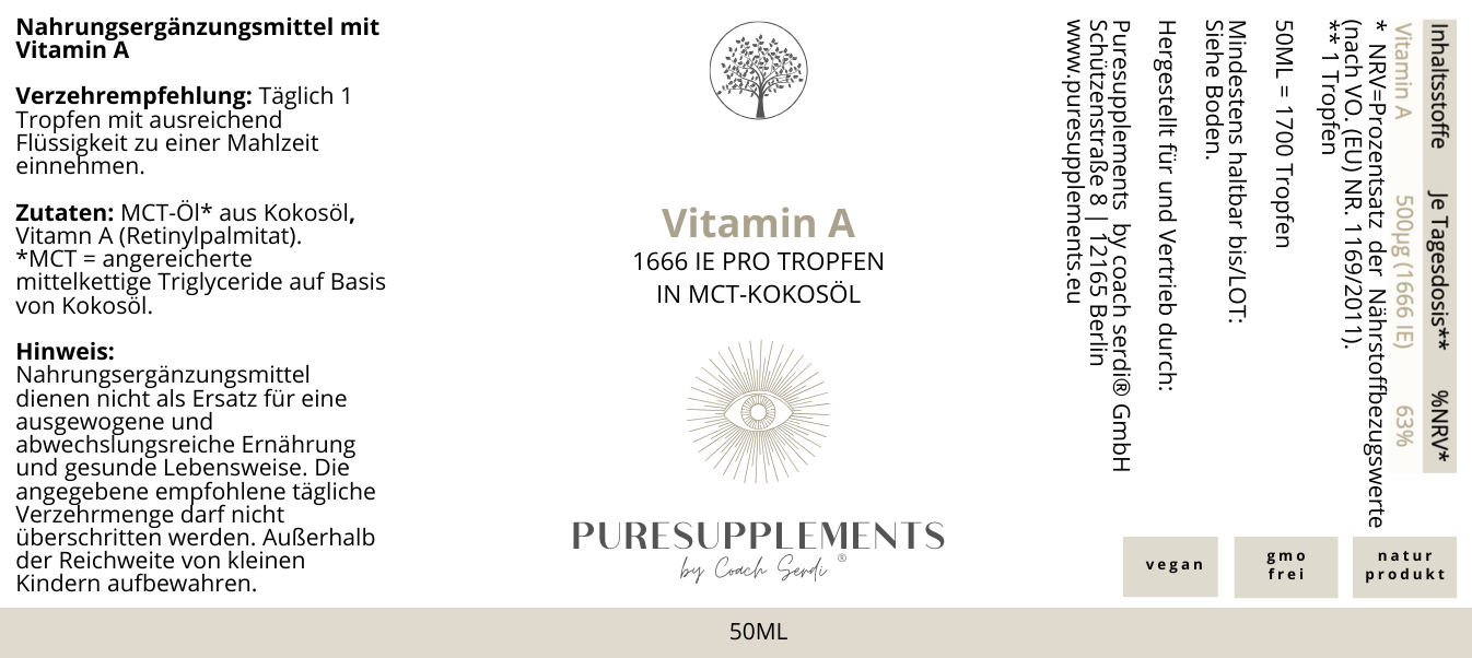 Premium Vitamin A Tropfen in MCT-Kokosnussöl (Augenvitamin a, 1666 IE, 50ml)