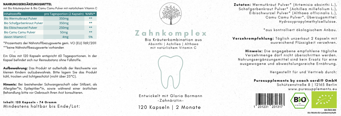 Bio Zahnkomplex (100% Innerbalance Zahn Wildkräuter aus Wermut Pulver, Scharfgarbenkraut Pulver, Eibischwurzel Pulver mit  Camu Camu Pulver, Wildsammlung & Rohkostqualität)