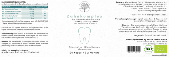 Bio Zahnkomplex (100% Innerbalance Zahn Wildkräuter aus Wermut Pulver, Scharfgarbenkraut Pulver, Eibischwurzel Pulver mit  Camu Camu Pulver, Wildsammlung & Rohkostqualität)