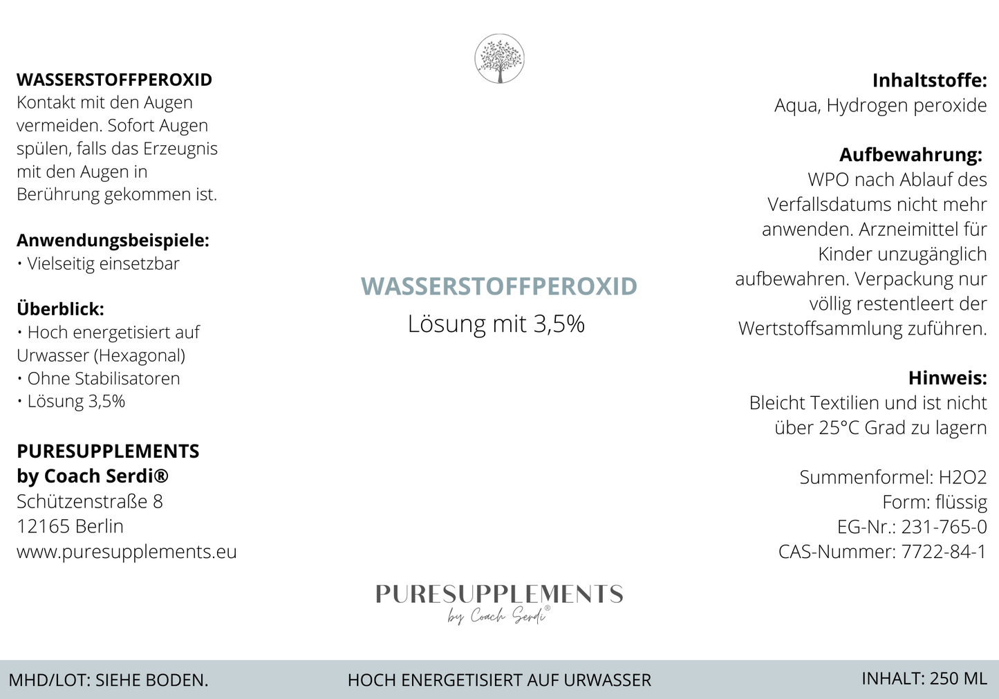 Premium Wasserstoffperoxid H2O2 3,5% hoch energetisiert auf Hexagonalem Urwasser (wpo, aktives Sauerstoff, 0% Zusätze, 250ML)