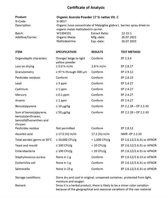 PURESUPPLEMENTS_Bio Acerola Vitamin C  Alternativen Text bearbeiten_Analyse